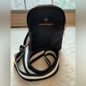 Nanette Lepore black crossbody, black and white striped strap, strap 24” to 48”